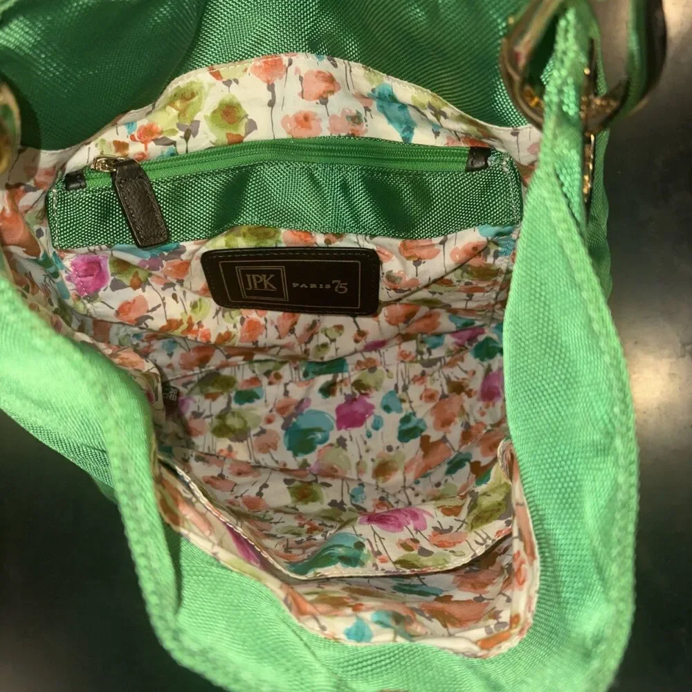 JPK Paris 75 Green Hobo Bucket Shoulder Tote Bag Women's Nylon Leather Strap